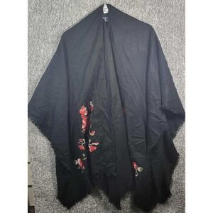 Avenue‎ - Black Floral Embroidered Fringed Poncho Acrylic Wrap Shawl - ONESIZE
